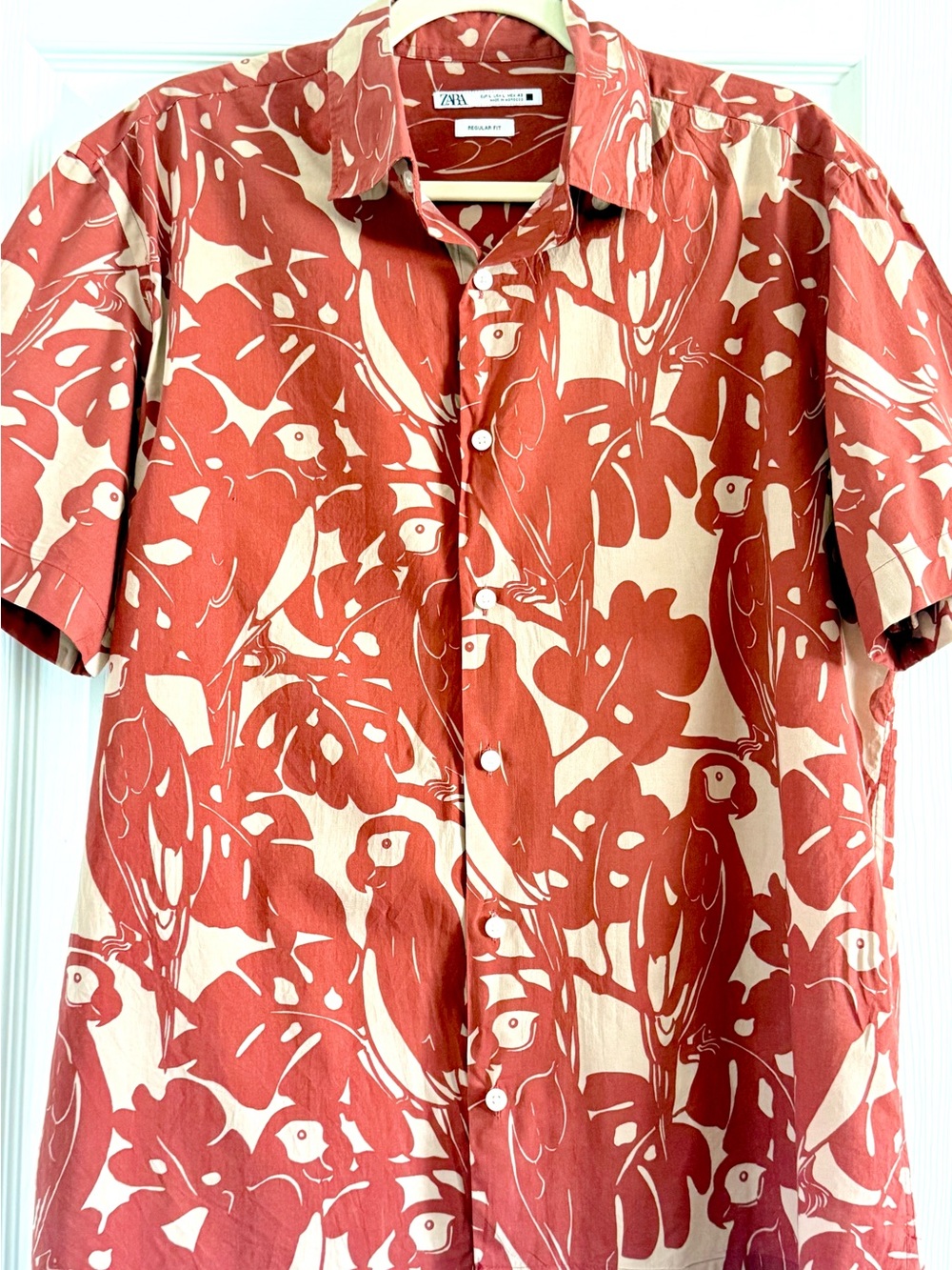 Zara Red and Cream Short-Sleeve Tropical Print Shirt Large - Picture 5 of 7